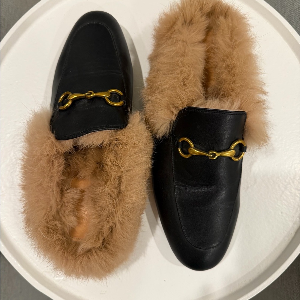 Faux Gucci real fur black slides, size 7.5-8. Never worn
